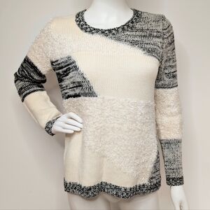 Black & Cream Patchwork Knit Crew Neck Fuzzy Sweater